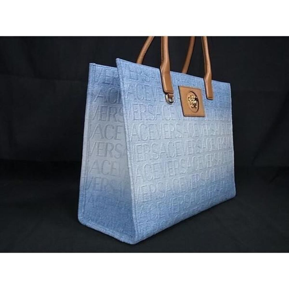 VERSACE Medusa All Over Denim Handbag Tote Bag Shoulder Blue